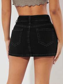 Selenza Petite Women Denim Skirts Tombol Kantong Zip Plain - Hitam - View 2