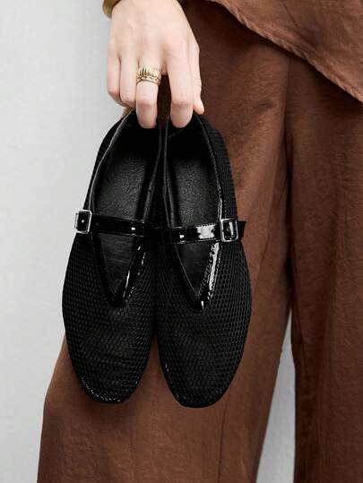 CUCCOO BIZCHIC Women's Mesh, Black, Buckle Comfort Casual Office Fishnet Ballet Mary Jane Flats