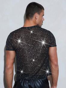 FeverCity Men's Sexy Shiny Sheer Rhinestone Decor T-Shirt - Black - View 2