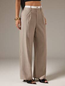 Vivamere Women's Casual Versatile Daily Outing Long Pants With Pocket And Button ,Petite Women - Khaki - View 5
