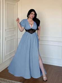 Vibekara Summer New Arrival Chic Age-Reducing Black Lace Patchwork Cinched Waist Dress - Blue - View 3