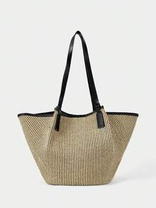 SHECARRY French Retro Woven Tote Bag Large Capacity Commuter Shoulder Bag Leisure Vacation Style Straw Armpit Bag - Black with brown. - View 7