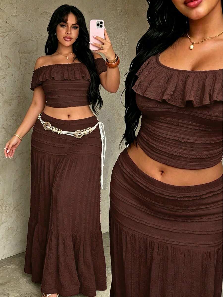 Rustia Summer French Minimalist Sexy Style White Set, Ruffle Hem Sexy Short Top + Casual Versatile Skirt, Casual Sexy Style 2 Pieces Set, Suitable For Summer Vacation - Coffee Brown - View 1