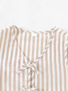 SHEIN 青少年女孩條紋百褶無袖上衣與長褲休閒日常兩件套 - 杏色 - 查看 5