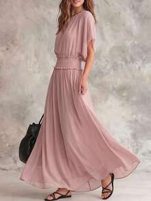SHEIN Franclia Französisches lässiges fließendes Zweiteiler-Outfit, Sommer Staubiges Rosa Rundhalsausschnitt Fledermausärmel Tailliertes Top + Weite Hose, Alltag Strand Urlaub - Pink - Übersicht 3