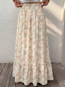 Sunnyshic Women's Spring/Summer Sweet Pastoral Vacation Casual Daily Street Party Versatile Ditsy Floral Print Waist Knot Gathered Ruffle Patchwork Low Waist Long Skirt - Multicolor - View 2