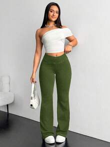 Flexra Plus Size Casual Washed Low Waist Flare Jeans - Army Green - View 5