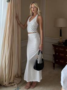 Theaadoraa Women's Polka Dot Print Maxi Mermaid Skirt White Summer - White - View 5