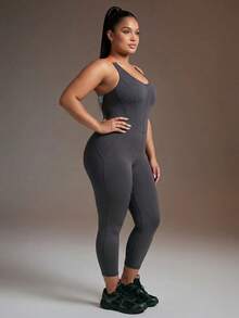 Powerista Plus Size Women's Letter Print Contrast Color Crisscross Backless Shaping Sports Jumpsuit - Dark Grey - View 6