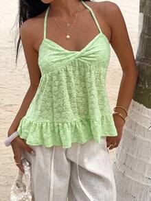 Sunnyshic Summer Casual Solid Color Jacquard Backless Halter Top - Green - View 4