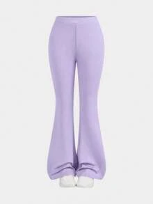 SHEIN NovaGlow Tween Girl Tween Girl Sports Casual Daily Knit Solid Color Cardigan Jacket And Flared Long Pants Set - Purple - View 7