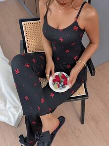 SHEIN 女款休閒性感蝴蝶結印花套裝 - 黑色 - 查看 5
