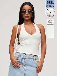 SHEIN BASICS Camiseta de tirantes con cuello halter y abertura lateral en el bajo de unicolor para mujer - Blanco - Ver 3