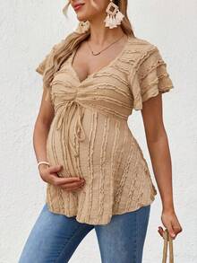 SHEIN Maternity Summer Casual Solid Color Textured T-Shirt - Brown - View 5