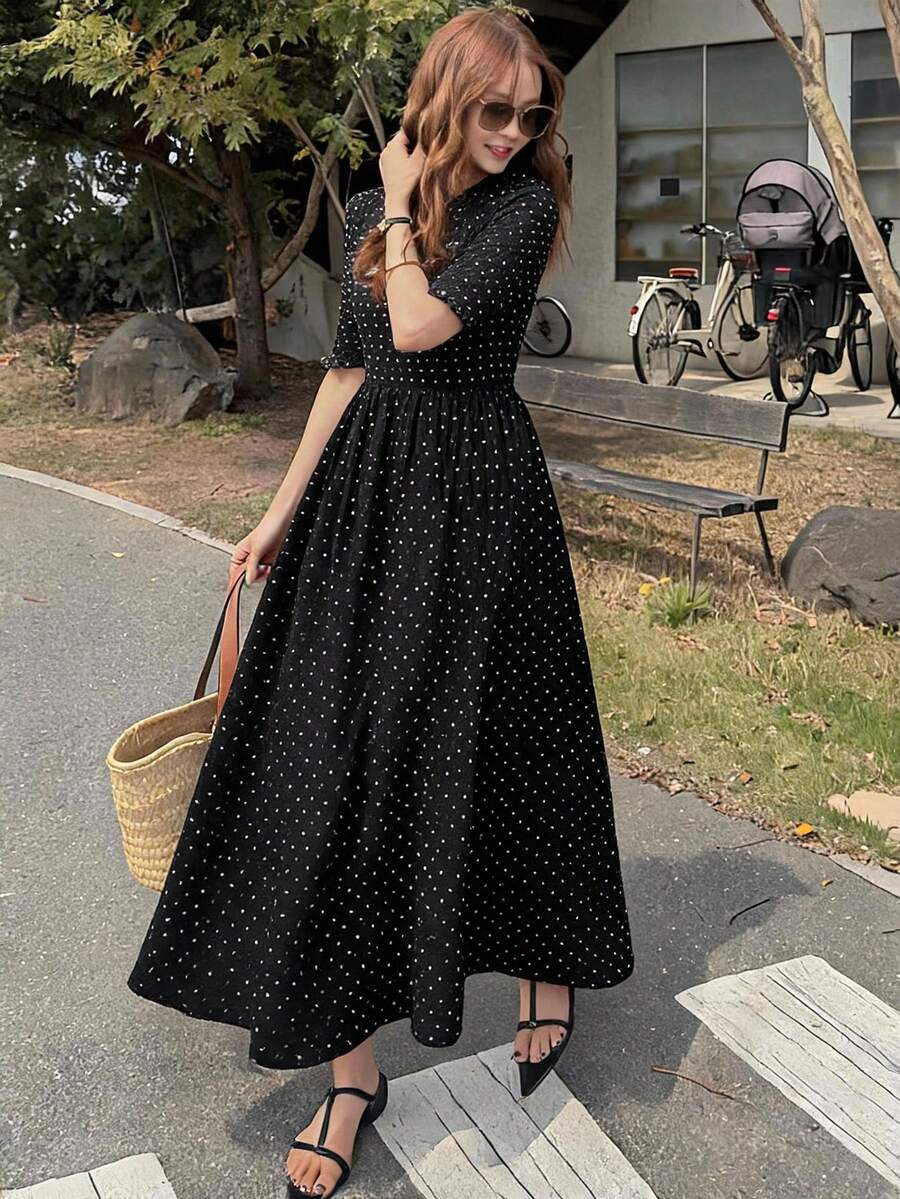 FRIFUL 女款圓領短袖波點印花休閒長洋裝 夏季 - 黑色 - 查看 1