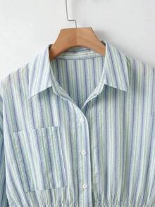 SHEIN CURVE+ Light Blue Gathered Waist Shirt Commuting In Autumn Vacation Beach, Winter 2026 Plus Size 22W - Multicolor - View 4