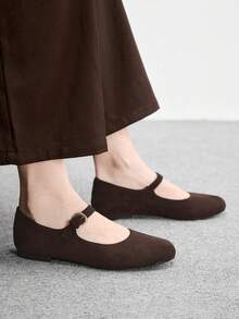 CUCCOO BIZCHIC Women's Retro Elegant Commuting Casual Contrast Trim Adjustable Buckle Flat Shoes - Chocolate brown, - View 5