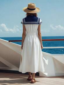 Balvessa Women's Navy Collar Stitching Color Waist Short Sleeve Dress, Casual, Vacation, Yacht Vacation Wear - Blue and White - View 2