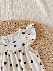 SHEIN LMoss Kids 新生女嬰可愛夏季休閒波點圖案荷葉袖連身衣 - 米色 - 查看 4