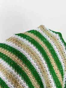 Slaydiva 2025夏季新款音樂節復活節聖帕特里克節生日派對畢業季學生穿著日常街頭基礎百搭休閒度假郵輪海灘海邊曬日光浴爆款熱賣掛脖綁帶性感露背鉤編拼色女款針織洋裝 - 綠色 - 查看 7