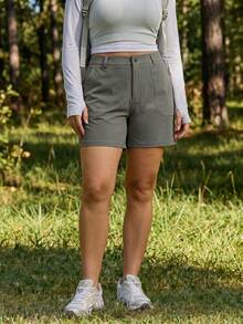 In My Nature Plus Size Women Solid Color Button Casual Versatile Daily Travel Sports Shorts - Grey - View 3