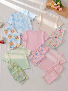SHEIN [Randomly Shipped 1 Set] Young Girls Pajamas, All-Season Princess Pattern Combination, Ruffle Trim Crew Neck Pullover T-Shirt With All-Over Print Long Pants, Loungewear Set - Multicolor - View 2