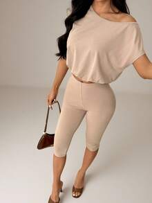 SHEIN PETITE Women's Solid Color Asymmetric Neck Top And Mid-Length Pants Casual Daily Set ,Petite Women - Khaki - View 4