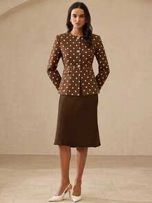 BELROSIE French Elegant Lady Commuter Versatile Polka Dot Exquisite Rhinestone Button Cinched Cinched Waist Long Sleeve Fitted Women's Blazer - Coffee Brown - View 2