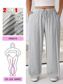 Solflare Pantalones largos de mujer talla grande con rayas, bloques de color, cintura con cordón y bolsillos para primavera/verano - Multicolor - Ver 1