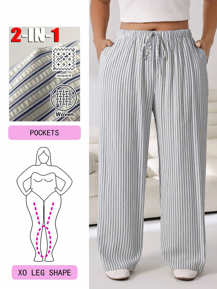 Solflare Pantalones largos de mujer talla grande con rayas, bloques de color, cintura con cordón y bolsillos para primavera/verano - Multicolor - Ver 1