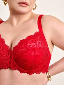 Hourtrue Plus Size Red Lace Bra, Comfortable Full Coverage Unpadded Bra With Front Hollow Tie Design - Red - View 6