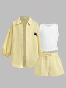 SHEIN 兒童女童編織條紋休閒襯衫 + 吊帶背心 + 短褲 3件套，馬標，黃色條紋 - 黃色 - 查看 8