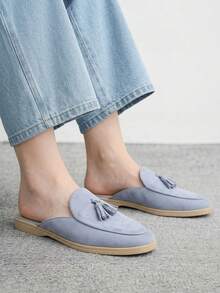 CUCCOO BIZCHIC 時尚藍色麂皮流蘇舒適通勤女款平底穆勒鞋 女款平底鞋拖鞋 適合戶外購物上班日常百搭女鞋 - 淺藍色 - 查看 2