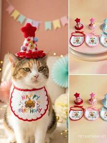 PETSIN 1PC/SET Lovely Puppy Kitten Birthday Party Outfit, Fashion Birthday Hat Saliva Bib Set - Multicolor - View 5