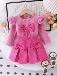 SHEIN Playful Pals 嬰兒女童白色針織紋理布料短袖長袖上衣與粉色燈芯絨裙 T-shirt 兩件套，甜美可愛兒童套裝 - 粉色 - 查看 3