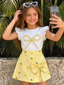 Elladie kids Girls' Lemon Print Yellow White Plaid 2-Piece Set, Round Neck Flutter Sleeve T-Shirt High Waist A-Line Skort, Casual Cute Vacation Summer Outfit - Yellow - View 8