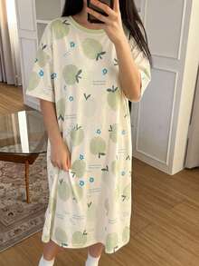 DAZY 水果印花寬鬆中長版T恤風洋裝女款睡裙睡衣 - 綠色 - 查看 1