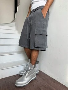 Manfinity EMRG 男士街頭風休閒多口袋工裝腰繩深灰色大尺碼牛仔短褲 - 深灰色 - 查看 7