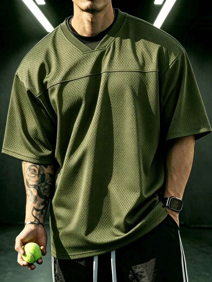 GymBeat 男士純色短袖透氣運動T恤 - 軍綠色 - 查看 1