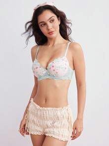 Elorette Soutien-gorge balconnet confortable pour femmes, vert menthe, à armatures, bonnets moulés, haute tenue, push-up effet liftant, avec broderie florale - Vert menthe - Voir 5
