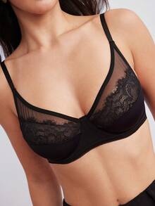 Elorette Contrast Lace Underwire Sexy Lingerie Bra - Black - View 6