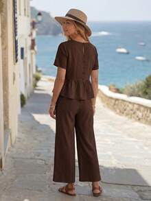 EMERY ROSE Women's Solid Color Short Sleeve Ruffle Hem Blouse And Pants Elegant Casual Set - Brown - View 2