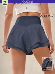 OutZeal Women Tummy Control Stretchy Crossover-Waist Built-In Shorts Double-Layer Hem Sports Shorts Tennis Gym Workout - Dusty Blue - View 1