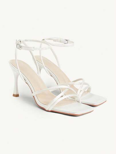 CUCCOO CHICEST Women's New Sexy Thin Strap Square Toe Backless Buckle 8.5cm High Heel Sandals, Elegant Beige Satin Versatile Date Shoes