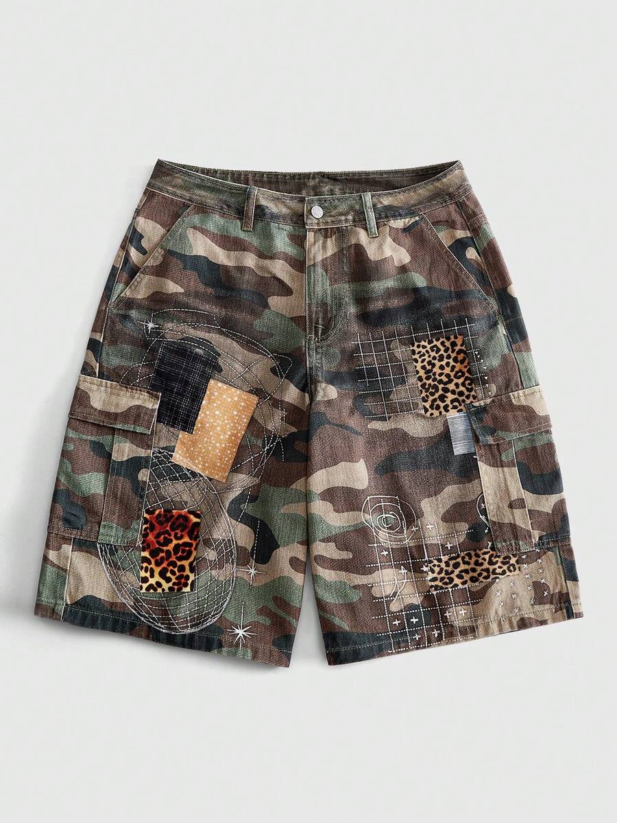 ROMWE MEN Street Life Men's Camouflage Digital Cargo Pocket Denim Shorts - Multicolor - View 1