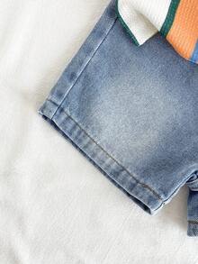 SHEIN Vintaside Kids 2件組男嬰夏季休閒白色 Polo 衫與水洗牛仔短褲套裝，親子穿搭派對造型，男嬰短袖條紋上衣 - 彩色 - 查看 6
