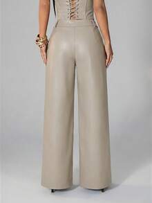 SHEIN PETITE Women's Solid Color PU Leather Pocket Wide Leg Loose Pants Night Party Beige Autumn Sexy - Apricot - View 2