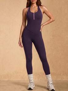 Silquee Women's Contrast Color Hollow Back Jumpsuit, Casual Fitness And Sports Wear - Bold Plum - View 3