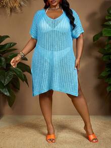 SHEIN CURVE+ Summer Beach Plus Size Batwing Sleeve Split Thigh Cover Up Dress Without Bikini Set, Curve Plus Baby Blue Sexy - Blue - View 6