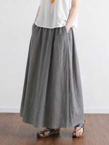 SHEIN Rok Panjang Sedang Gaya Vintage Warna Polos Terbaru untuk Wanita, Musim Semi, Musim Panas, dan Musim Gugur, Bahan Rami Linen Longgar, Dengan Saku, Desain Kasual Elegan untuk Musim Semi dan Musim Gugur - Grey - View 1